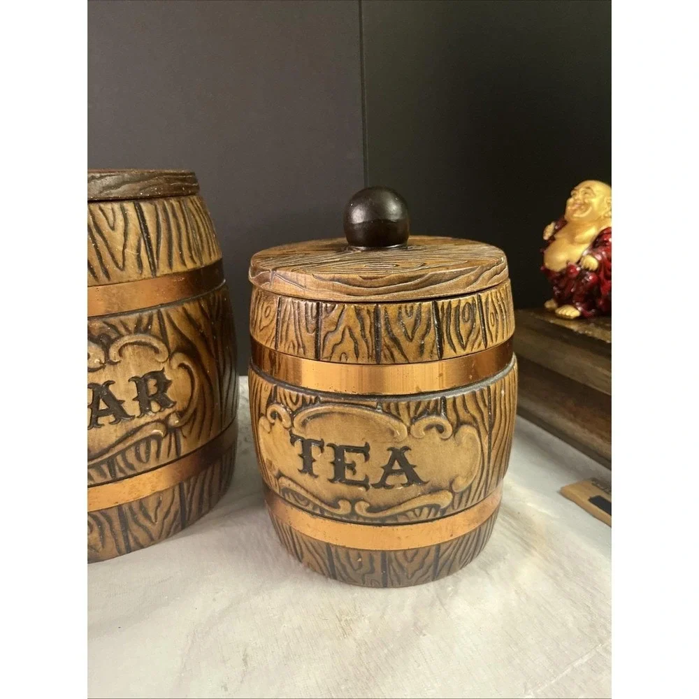 1960's Set of 3 MCM Treasure Craft Ceramic Canister Barrel Flour Sugar Tea